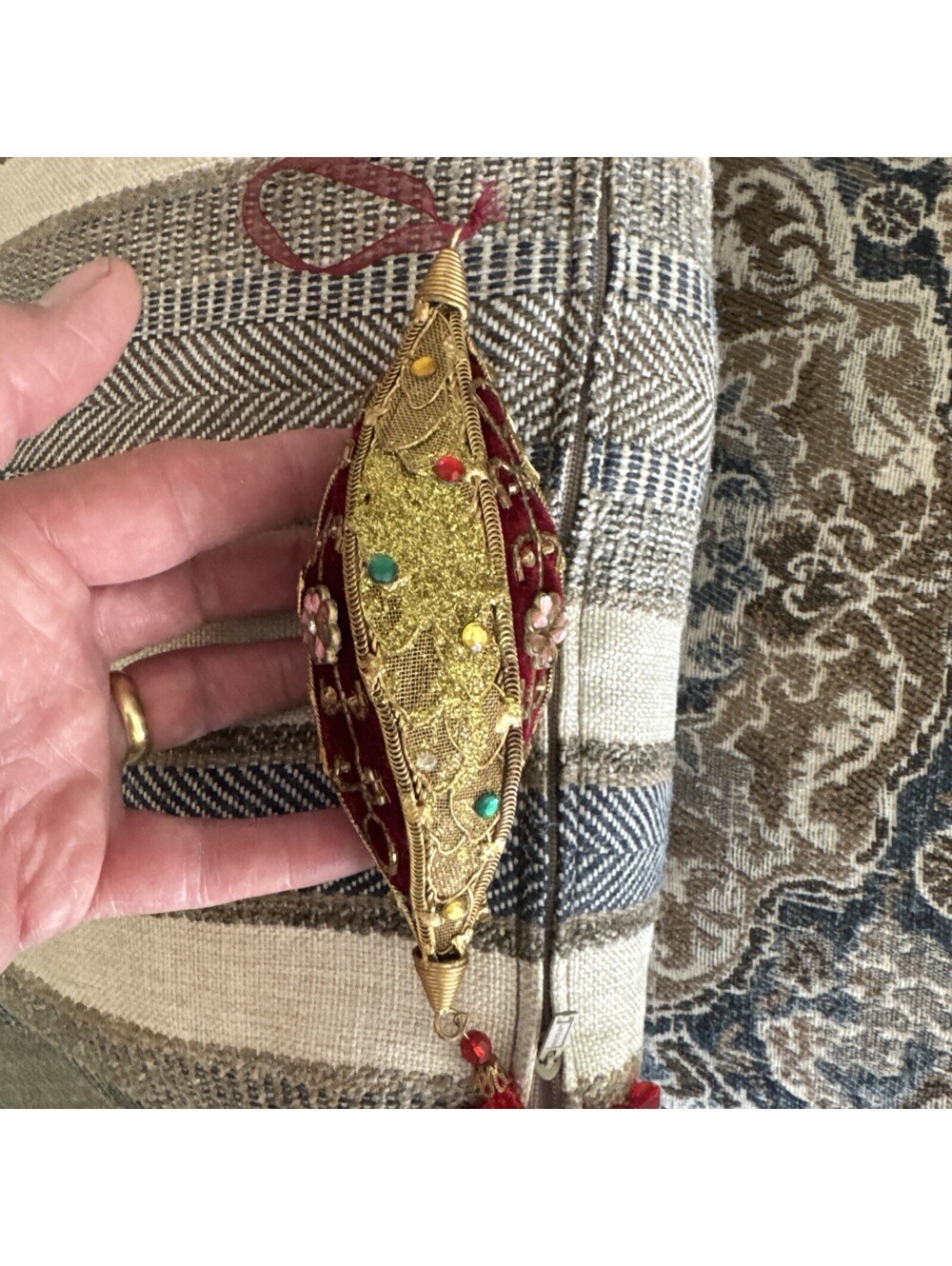 Victorian Christmas  Ornament Burgundy Velvet Copper Sequence Tassel F. Crystals